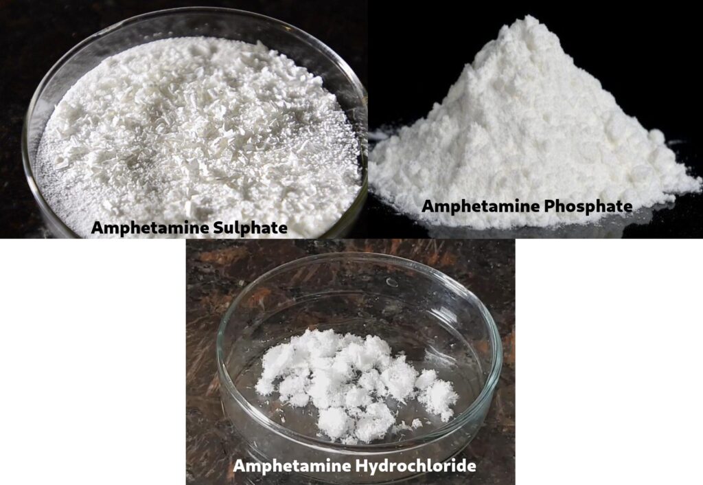 Amphetamine Salts: Amphetamine Sulphate, Amphetamine Phosphate, Amphetamine Hydrochloride