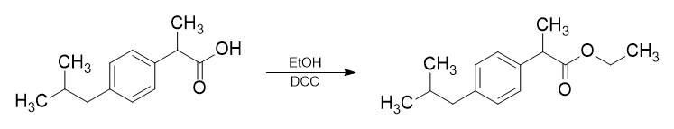 Synthesis of ibuprofen ethyl ester from ibuprofen.