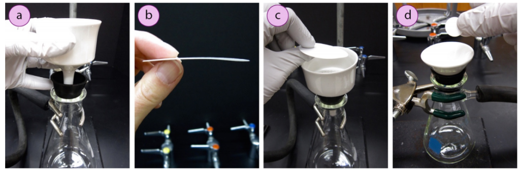 a) Positioning the Büchner funnel within a rubber sleeve and Erlenmeyer flask, b) Curvature of a filter paper, c) Setting the filter paper in a Büchner funnel, d) Arranging the filter paper in a Hirsch funnel.