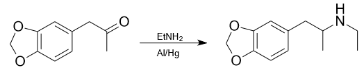 3,4-Methylenedioxy-N-ethylamphetamine (MDEA) synthesis from 3,4-Methylenedioxyphenylpropan-2-one with ethylamine.