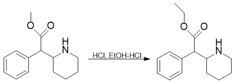 Preparation of ethylphenidate from methylphenidate.