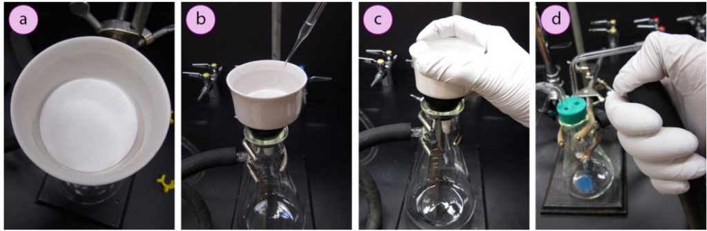 a) Positioning the filter paper inside the funnel, b) Moistening the filter paper with solvent, c) Firmly pressing the Büchner funnel to ensure a tight seal, d) Verifying the aspirator's suction strength.