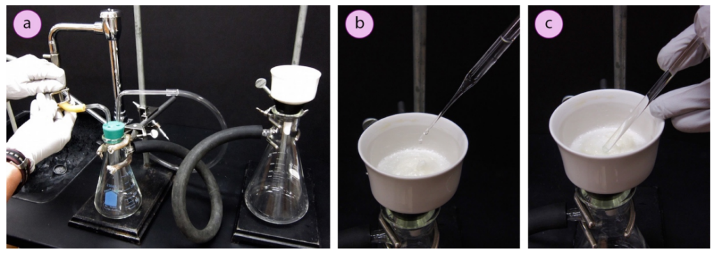 a) Releasing the vacuum by opening the pinch clamp on the vacuum trap, b) Pouring in rinse solvent, c) Disrupting the solid with gentle stirring.