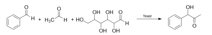 Obtaining phenylacetyl carbinol from benzaldehyde, acetaldehyde and glucose.