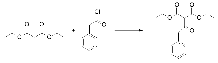 Synthesis of diethyl phenylacetyl malonate from phenylacetyl chloride and diethyl malonate.