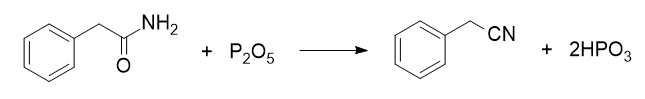 Obtaining benzyl cyanide and metaphosphoric acid from 2-phenylacetamide and phosphorus(V) oxide.