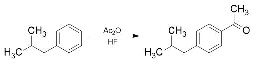 Isobutylbenzene reacts with acetic anhydride to form 4-isobutylacetophenone.