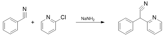 Obtaining methyl 2-phenyl-2-(piperidin-2-yl)acetamid from 2-cloropyridine and phenylacetonitrile.