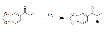 Synthesis of 2-bromo-3,4-methylenedioxypropiophenone from 3,4-(methylenedioxy)phenyl-1-propanone.