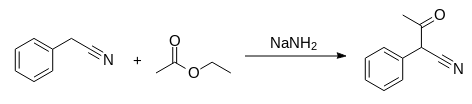 In this reaction, benzyl cyanide reacts with ethyl acetate in the presence of sodium amide to produce phenylacetoacetonitrile