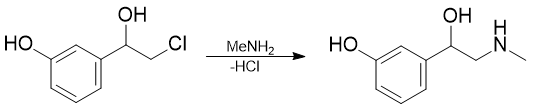 Synthesis of phenylephrine from (R)-3-(2-chloro-1-hydroxyethyl)phenol.