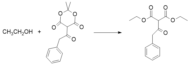Synthesis of diethyl phenylacetyl malonate from ethanol and 2,2-dimethyl-5-(2-phenylacetyl)-1,3-dioxane-4,6-dione.