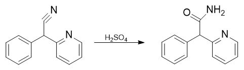 Preparation of methyl 2-phenyl-2-(pyridin-2-yl)acetate from 2-phenyl-2-(pyridin-2-yl)acetonitrile.