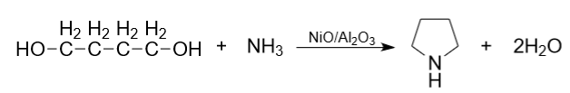 Reaction of 1,4-butanediol with ammonia to form pyrrolidine and water.