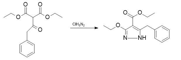 Obtaining ethyl-3-ethoxy-5-benzyl-lh-pyrazole-4-carboxylate from diethyl phenylacetyl malonate.