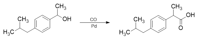 1-(4-isobutylphenyl) ethanol reacts with carbon monoxide to yield ibuprofen.