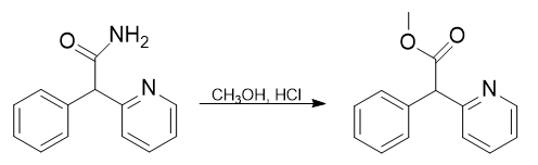 Obtaining methyl 2-phenyl-2-(pyridin-2-yl)acetate from 2-phenyl-2-(piperidin-2-yl)acetamid.