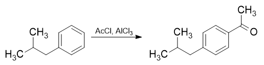 Isobutylbenzene and acetyl chloride create p-isobutylacetophenone.