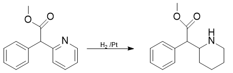 Synthesis of methylphenidate from methyl 2-phenyl-2-(pyridin-2-yl)acetate.