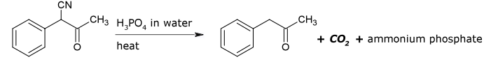 Synthesis of phenylacetone, ammonium phosphate, and carbon dioxide from phenylacetoacetonitrile, phosphoric acid, and water