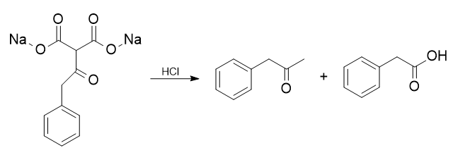 Phenylacetic acid and phenylacetone synthesis from phenylacetyl malonic acid sodium salt​.