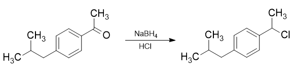 P-isobutylacetophenone with sodium borohydride form 1-cloro-1-(4-isobutylphenyl)ethane.