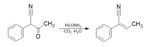 Synthesis of 2-phenyl-2-butenenitrile from phenylacetoacetonitrile and formamide