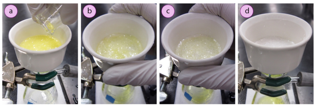 Isolation of acetanilide (white crystals) from a solution contaminated with yellow (methyl red) impurities. Initially, the crystals exhibited a yellow hue (b), which diminished significantly following rinsing with cold water (c and d).