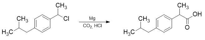 1-cloro-1-(4-isobutylphenyl)ethane with magnesium and carbon dioxide yield ibuprofen.
