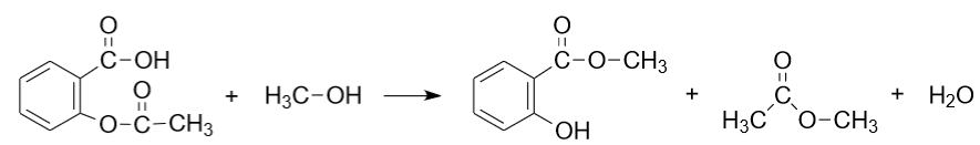 Preparation of methyl salicylate, methyl acetate and water from acetylsalicylic acid and methyl alcohol.