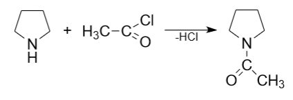 Obtaining N-acetyl pyrrolidine from pyrrolidine and acetyl chloride.